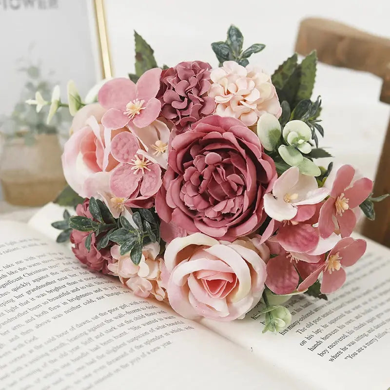 7 Heads Artificial Roses Silk Peonies & Hydrangea Bouquet – Fake Wedding Flowers for Home Decor & Bridal Arrangements SKYNIX