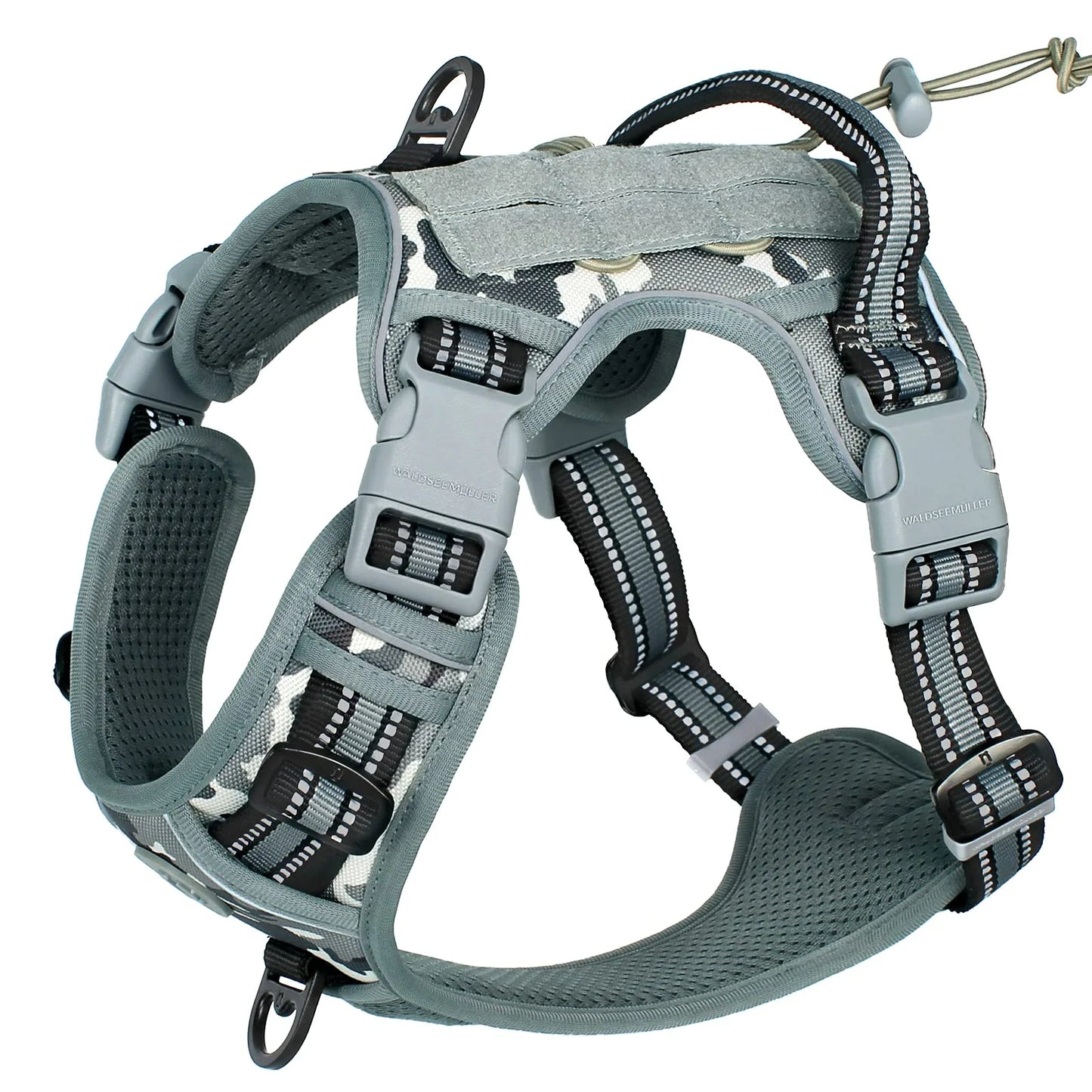 Gray dog harness with multiple straps on a white background