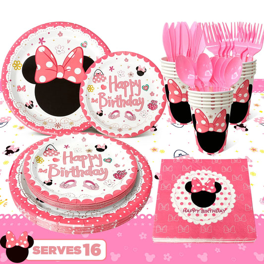 Minnie Mouse-themed birthday party supplies including plates, cups, and utensils on a pink background.