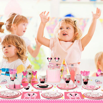 113PCS Min-niee Mou-ses Party Supplies Set – Plates, Cups, Napkins, Tablecloth & More – Birthday Tableware Kit for Kids Girls' Theme Party SKYNIX