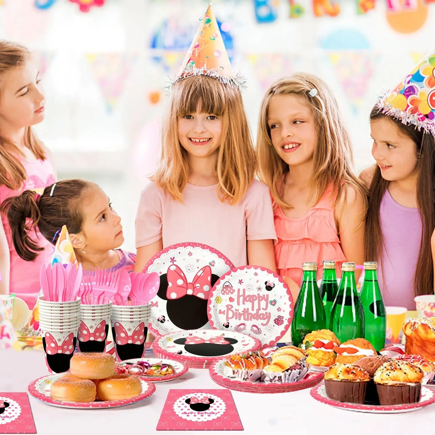 113PCS Min-niee Mou-ses Party Supplies Set – Plates, Cups, Napkins, Tablecloth & More – Birthday Tableware Kit for Kids Girls' Theme Party SKYNIX