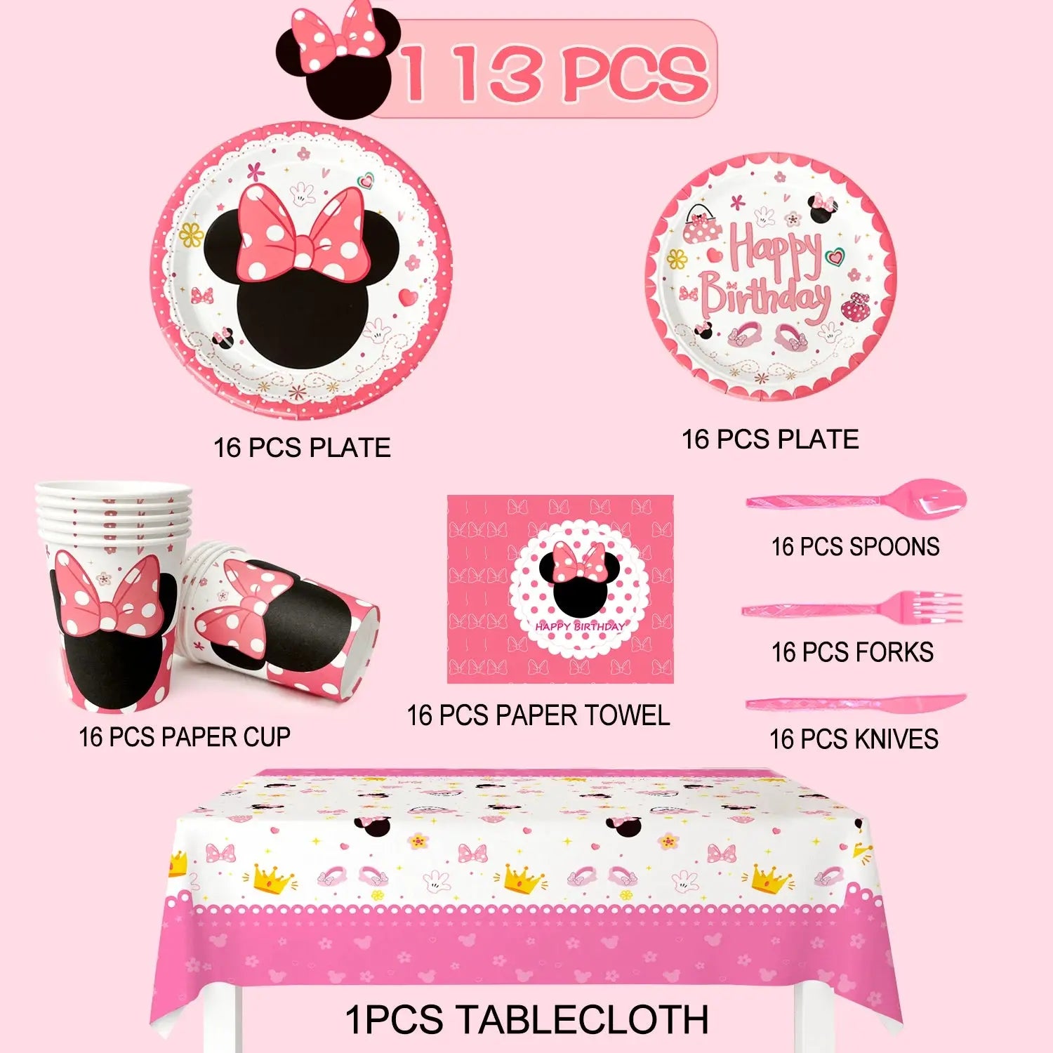 113PCS Min-niee Mou-ses Party Supplies Set – Plates, Cups, Napkins, Tablecloth & More – Birthday Tableware Kit for Kids Girls' Theme Party SKYNIX