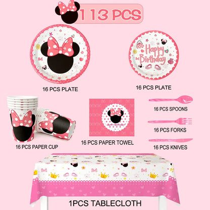 113PCS Min-niee Mou-ses Party Supplies Set – Plates, Cups, Napkins, Tablecloth & More – Birthday Tableware Kit for Kids Girls' Theme Party SKYNIX