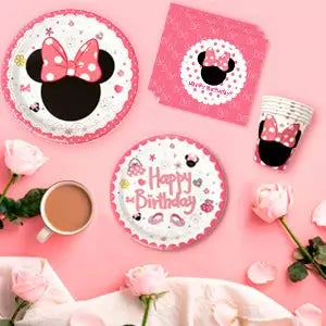 113PCS Min-niee Mou-ses Party Supplies Set – Plates, Cups, Napkins, Tablecloth & More – Birthday Tableware Kit for Kids Girls' Theme Party SKYNIX