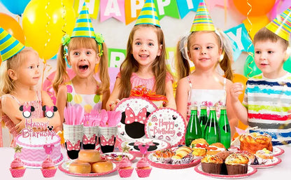 113PCS Min-niee Mou-ses Party Supplies Set – Plates, Cups, Napkins, Tablecloth & More – Birthday Tableware Kit for Kids Girls' Theme Party SKYNIX