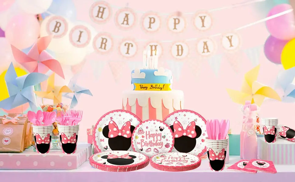 113PCS Min-niee Mou-ses Party Supplies Set – Plates, Cups, Napkins, Tablecloth & More – Birthday Tableware Kit for Kids Girls' Theme Party SKYNIX