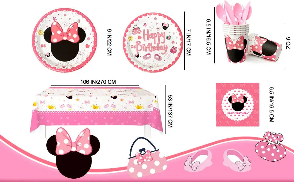 113PCS Min-niee Mou-ses Party Supplies Set – Plates, Cups, Napkins, Tablecloth & More – Birthday Tableware Kit for Kids Girls' Theme Party SKYNIX