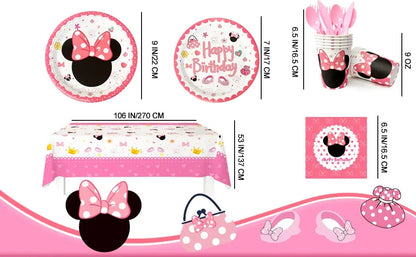 113PCS Min-niee Mou-ses Party Supplies Set – Plates, Cups, Napkins, Tablecloth & More – Birthday Tableware Kit for Kids Girls' Theme Party SKYNIX