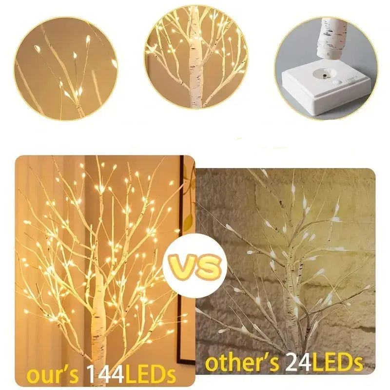Comparison of upgrade birch tree lights with different LED counts on a white background.