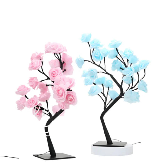 Two LED light trees, one pink and one blue, on a white background with text about their design.