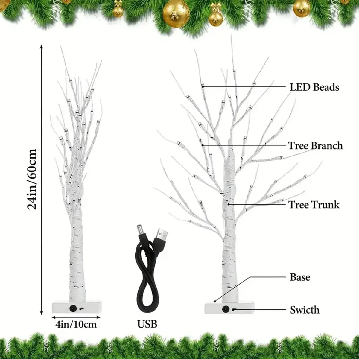 24in USB/Battery Birch Tree Light – Holiday Landscape Decor Lamp SKYNIX