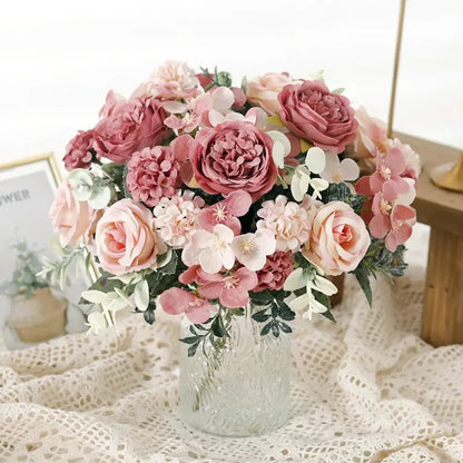 7 Heads Artificial Roses Silk Peonies & Hydrangea Bouquet – Fake Wedding Flowers for Home Decor & Bridal Arrangements SKYNIX