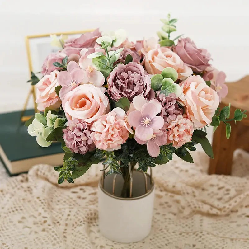 7 Heads Artificial Roses Silk Peonies & Hydrangea Bouquet – Fake Wedding Flowers for Home Decor & Bridal Arrangements SKYNIX
