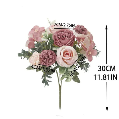 7 Heads Artificial Roses Silk Peonies & Hydrangea Bouquet – Fake Wedding Flowers for Home Decor & Bridal Arrangements SKYNIX