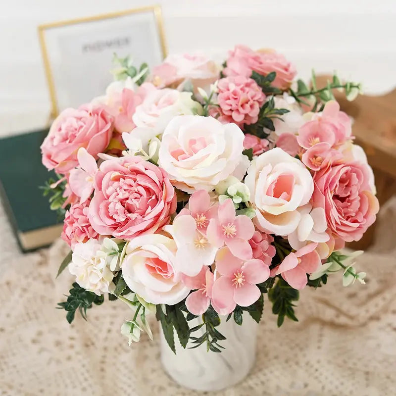 7 Heads Artificial Roses Silk Peonies & Hydrangea Bouquet – Fake Wedding Flowers for Home Decor & Bridal Arrangements SKYNIX