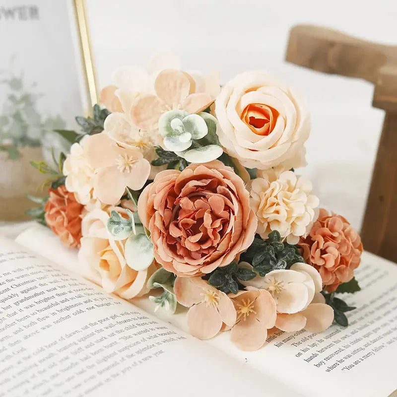 7 Heads Artificial Roses Silk Peonies & Hydrangea Bouquet – Fake Wedding Flowers for Home Decor & Bridal Arrangements SKYNIX