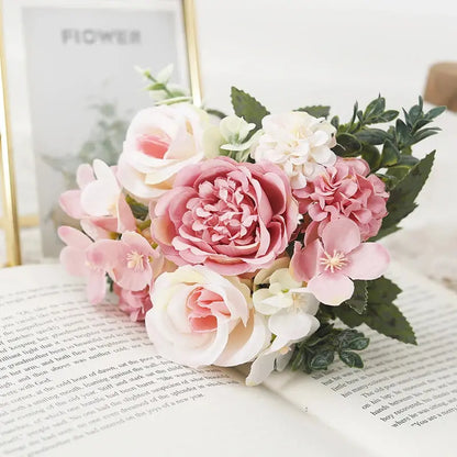 7 Heads Artificial Roses Silk Peonies & Hydrangea Bouquet – Fake Wedding Flowers for Home Decor & Bridal Arrangements SKYNIX