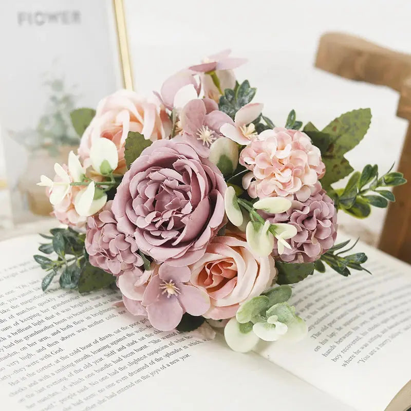 7 Heads Artificial Roses Silk Peonies & Hydrangea Bouquet – Fake Wedding Flowers for Home Decor & Bridal Arrangements SKYNIX