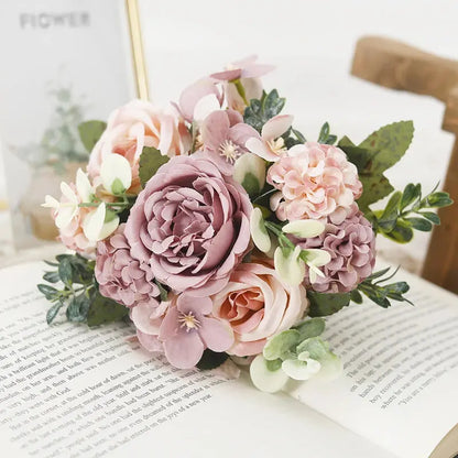 7 Heads Artificial Roses Silk Peonies & Hydrangea Bouquet – Fake Wedding Flowers for Home Decor & Bridal Arrangements SKYNIX