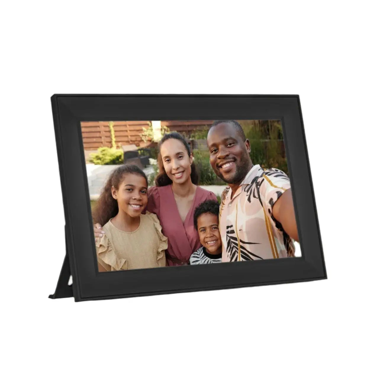 Digital photo frame displaying a family photo on a wooden surface with control icons below.