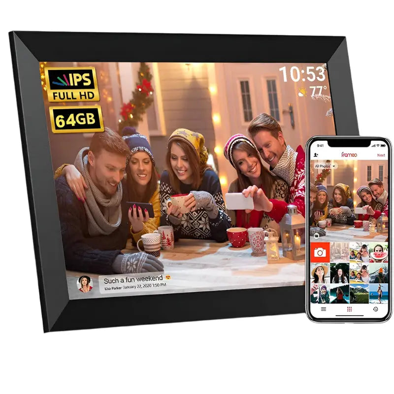Digital photo frame displaying a family gathering with smartphone app interface on a white background