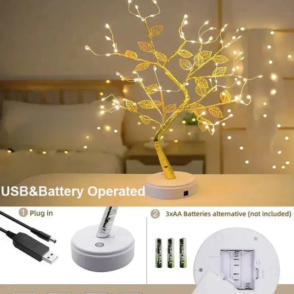 Golden Leaf LED Tree Light – 72 LEDs, Touch Control, USB/Battery Powered Copper Wire Lamp for Home & Holiday Decor SKYNIX