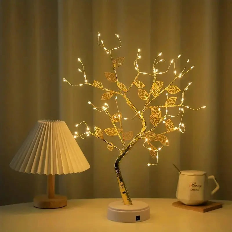 Golden Leaf LED Tree Light – 72 LEDs, Touch Control, USB/Battery Powered Copper Wire Lamp for Home & Holiday Decor SKYNIX