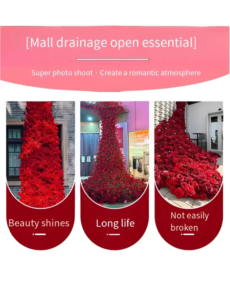 Promotional graphic for red decorative flowers with text about mall drainage and product benefits.