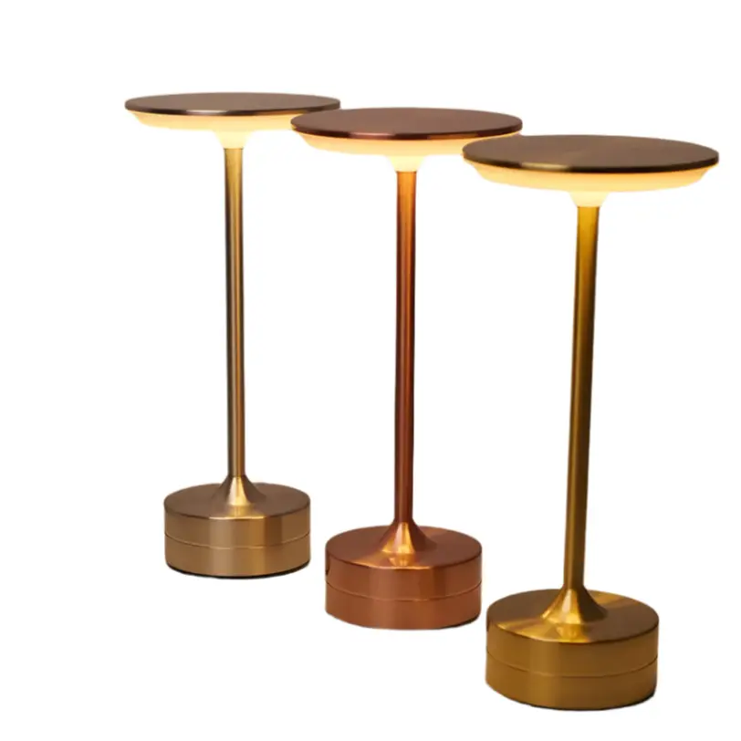 Three USB rechargeable luxury metal lamps on a neutral background with text overlay.