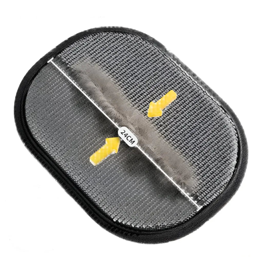 Cat hair removal brush with text on a gray background