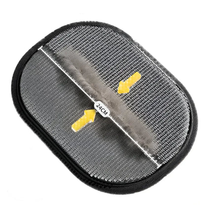 Cat hair removal brush with text on a gray background