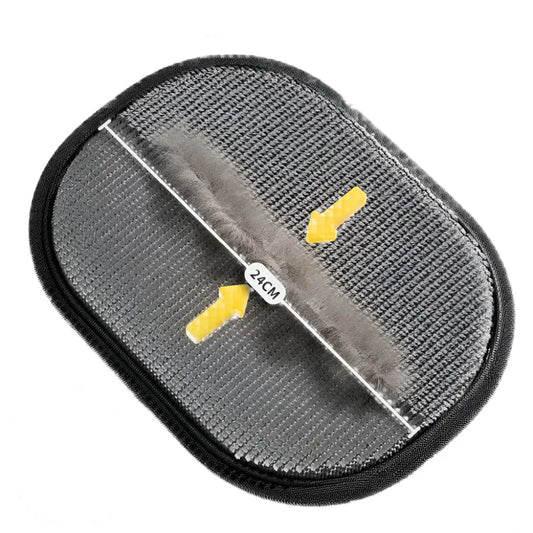 Cat hair removal brush with text on a gray background