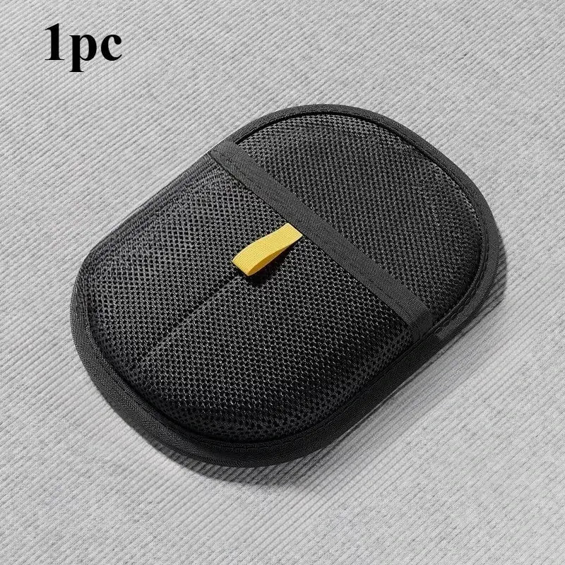 Black mesh pouch with a yellow tag on a gray background