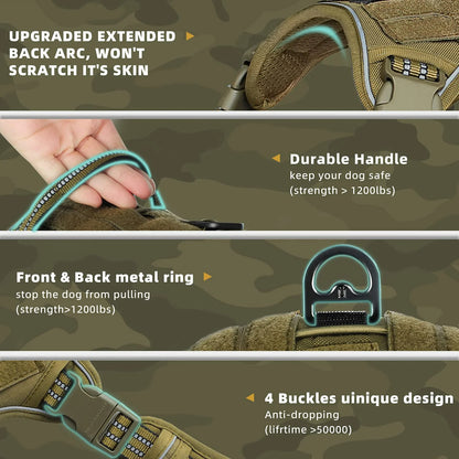 Dog harness with features highlighted on a camouflage background