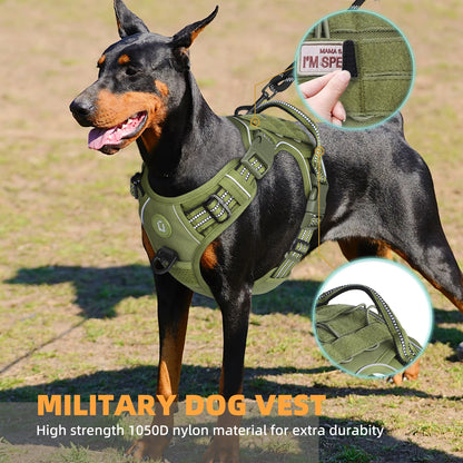Dog wearing a green military-style harness with text about durability on a grassy background.