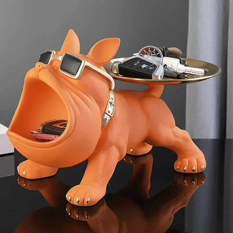 Resin Bulldog Statue with Storage Tray – Decorative Dog Sculpture for Home, Entryway, or Office