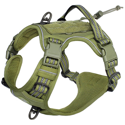 Green dog harness with reflective stripes on a white background