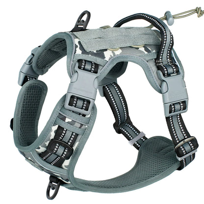 Gray dog harness with multiple straps on a white background