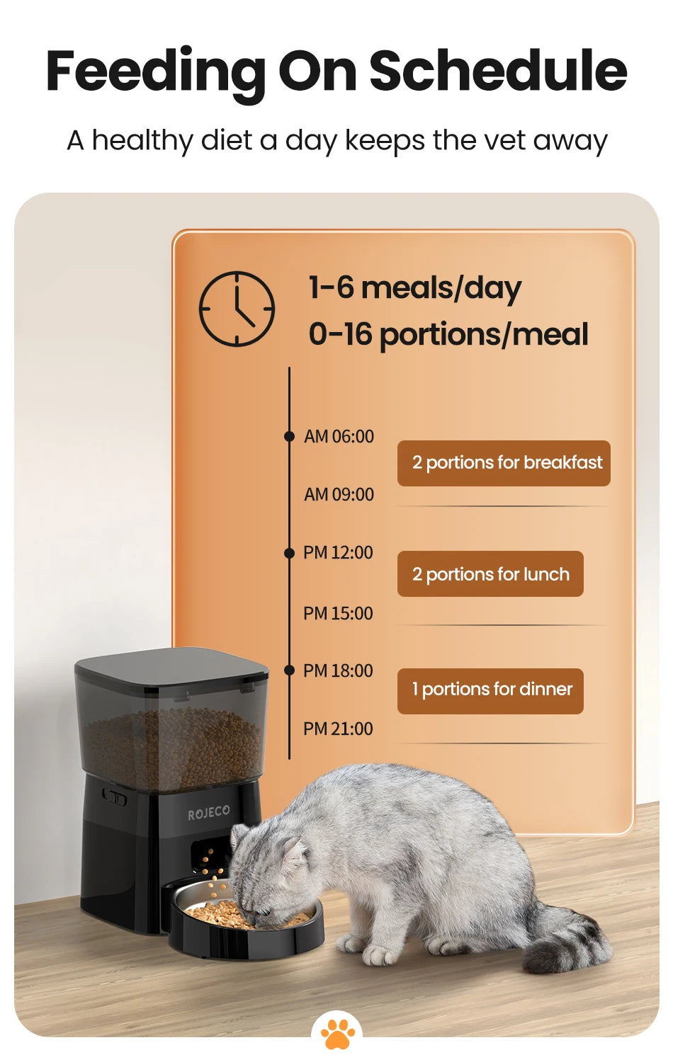 Feeder with a schedule for pet feeding on a wooden surface, featuring a clock and portions for meals.