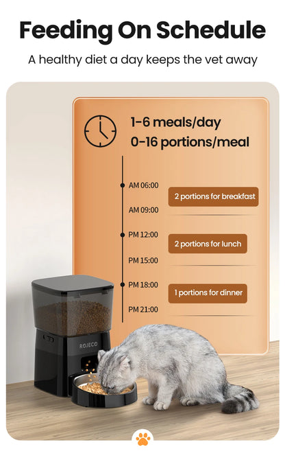 Feeder with a schedule for pet feeding on a wooden surface, featuring a clock and portions for meals.