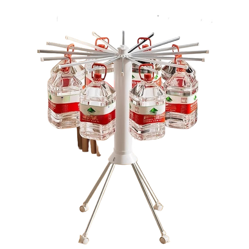 Drying rack with four bottles on a wooden floor near a window, with text about strong load-bearing capacity for home use.