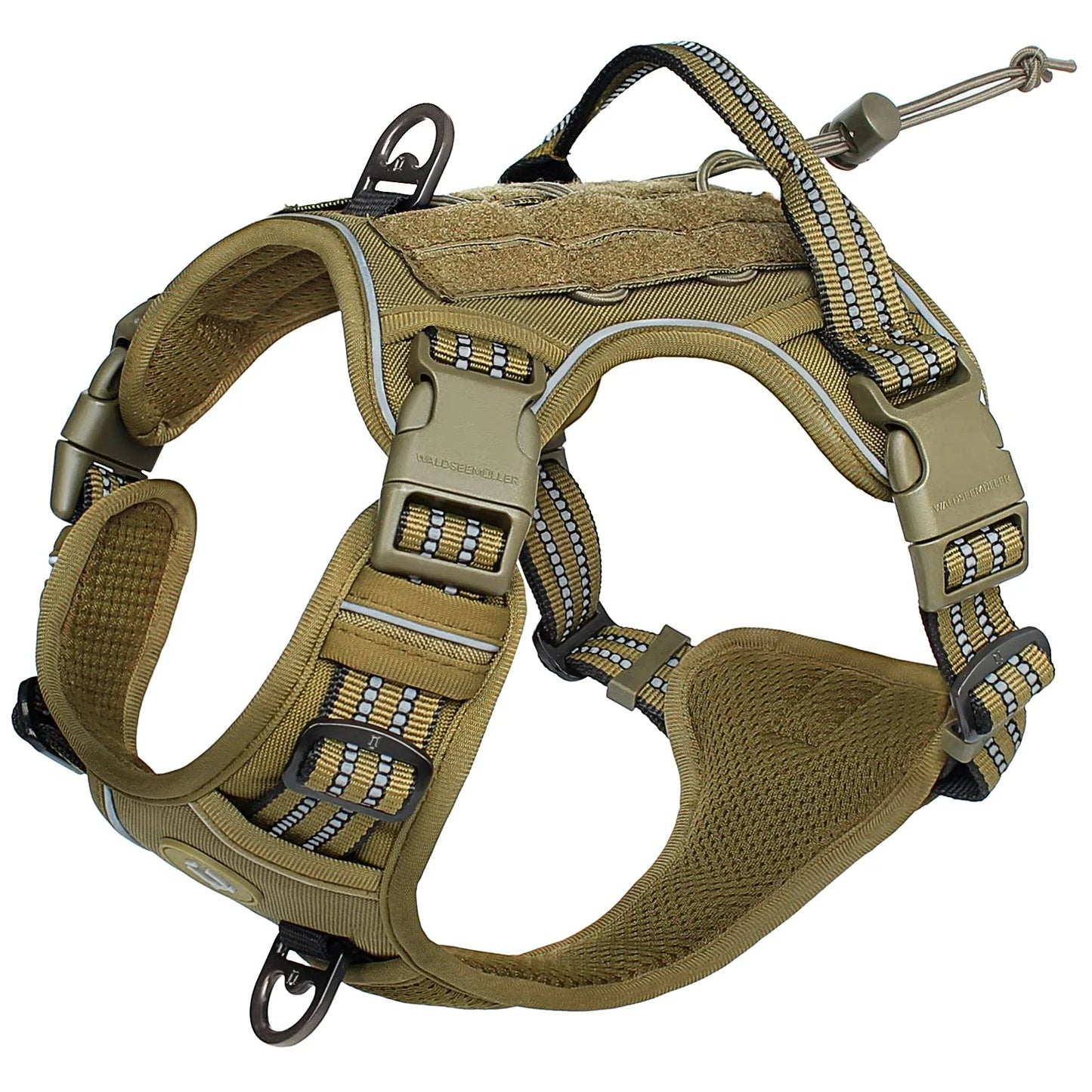 Brown dog harness with multiple straps on a white background
