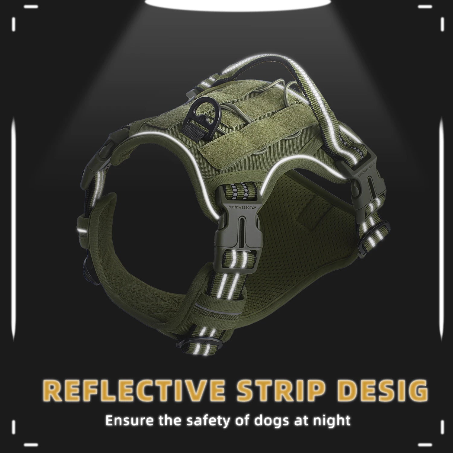 Green dog harness with reflective strip design on a black background