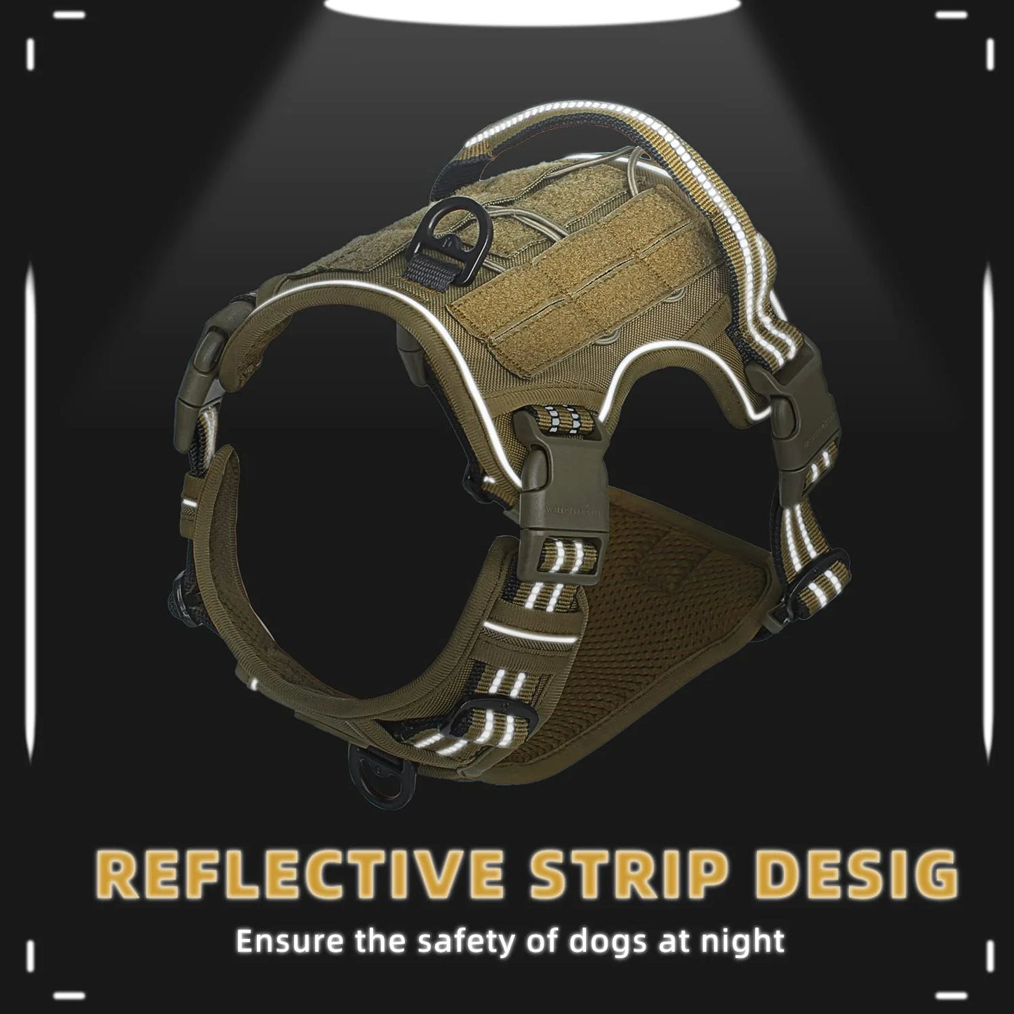 Dog harness with reflective strip design on a black background