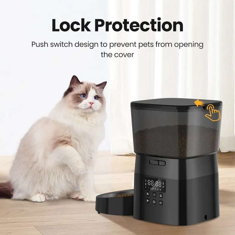 Cat sitting next to a black pet feeder with lock protection feature.