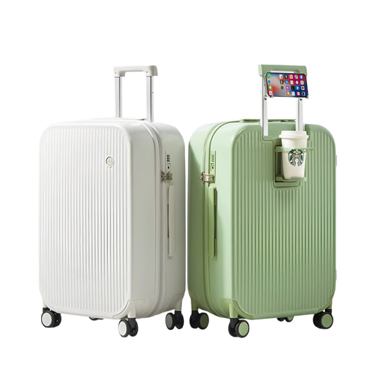 Two suitcases, one white and one green, on a light gray background with 'MIXI' branding.