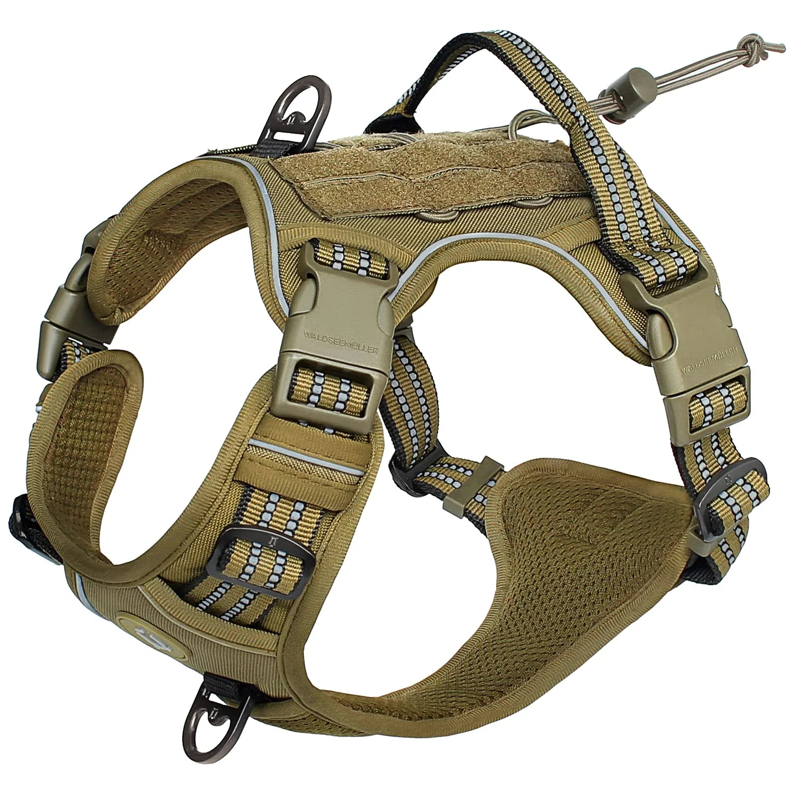 Brown dog harness with multiple straps on a white background