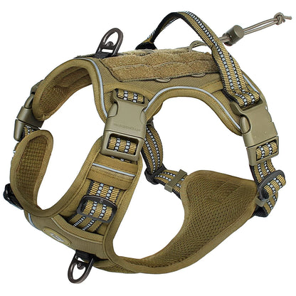 Brown dog harness with multiple straps on a white background