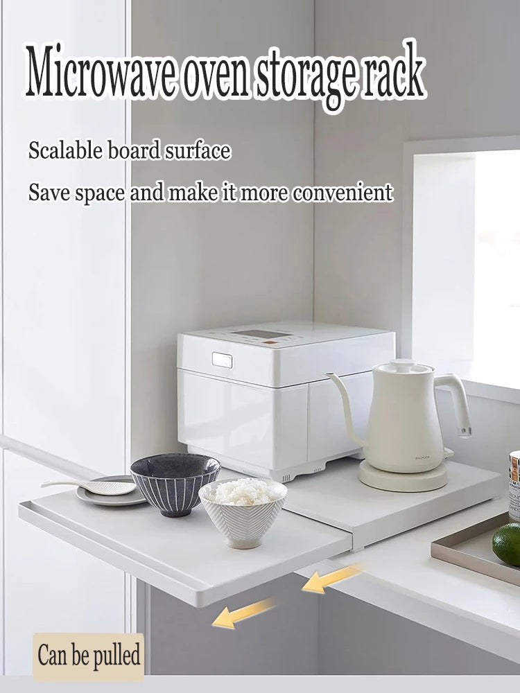 Kitchen Microwave Storage Rack with Bottom Pull-Out Drawer & Sliding Partition