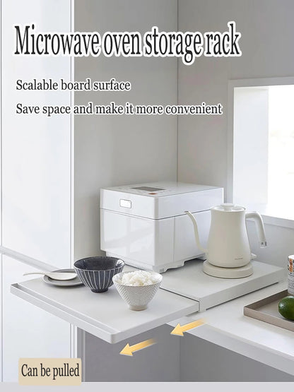 Kitchen Microwave Storage Rack with Bottom Pull-Out Drawer & Sliding Partition